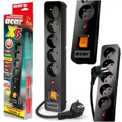 Listwa ACAR X5 5 gniazd przedłużacz przeciwprzepięciowy 1,5m 10A czarna