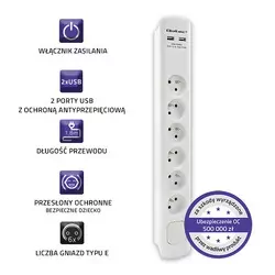 Listwa antyprzepięciowa Qoltec 1.8m biała 6 gniazd z uziemieniem 2xUSB