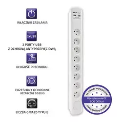 Listwa Qoltec antyprzepięciowa 8 gniazd z uziemieniem 2xUSB 1.8m biała