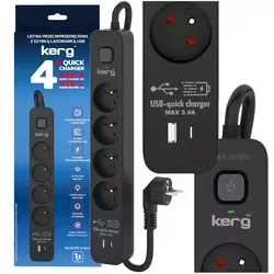 Listwa zasilająca Kerg z wyłącznikiem przeciwprzepięciowa 1,5m 16A 4 gniazda z uziemieniem USB QC   USB-C QC