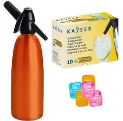 Saturator syfon do wody pomarańczowy QUICK SODA 1L   10 naboi   5 kostek lodu