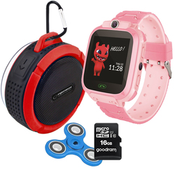 Zestaw dla dzieci smartwatch zegarek Maxlife Kids Watch MXKW -300 różowy   karta 16GB   głośnik bluetooth