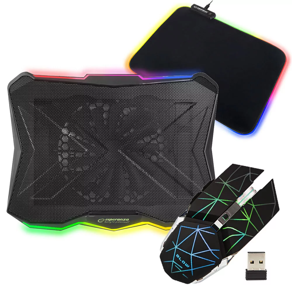 Mysz gamingowa bezprzewodowa BLOW HURRICANE 3 + mata podświetlana LED GRB + chłodząca podstawka 