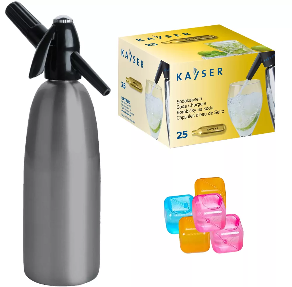 Syfon do wody 1L saturator szary  QUICK SODA+ 25 naboi + 5 kostek lodu
