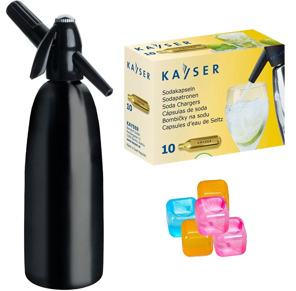 Saturator QUICK SODA 1L syfon do wody czarny + 10 naboi + 5 kostek lodu