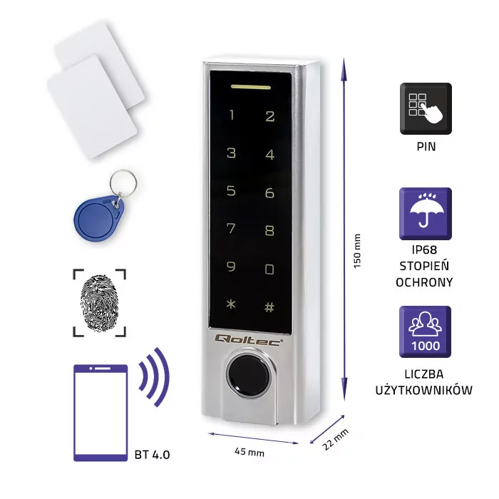 Ddotykowy zamek szyfrowy  z czytnikiem linii papilarnych RFID Qoltec Titan Bluetooth kod karta brelok dzwonek