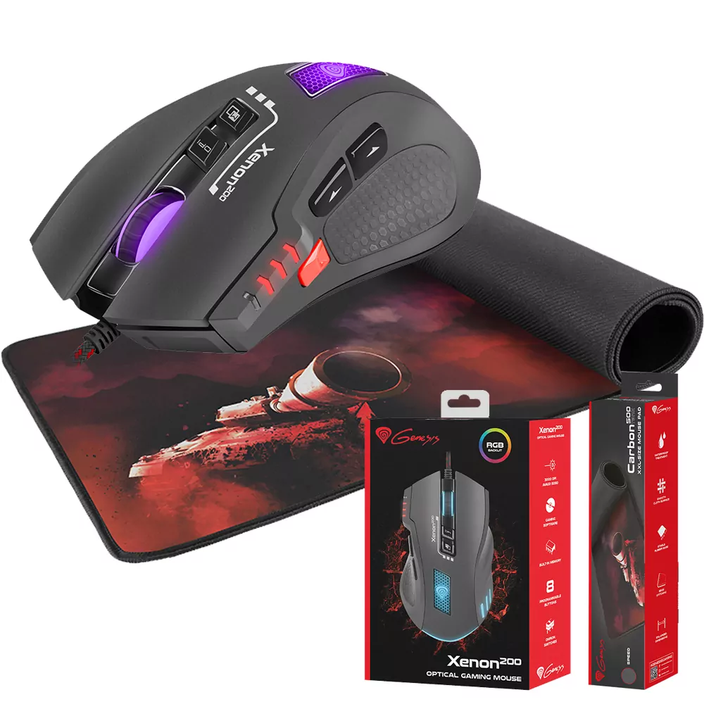 Podświetlana mysz gamingowa dla graczy GENESIS XENON 200 RGB 3200DPI + mata GENESIS CARBON 500