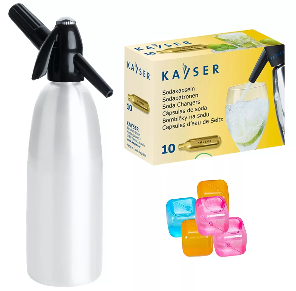 Saturator QUICK SODA 1L syfon do wody biały + 10 naboi + 5 kostek lodu