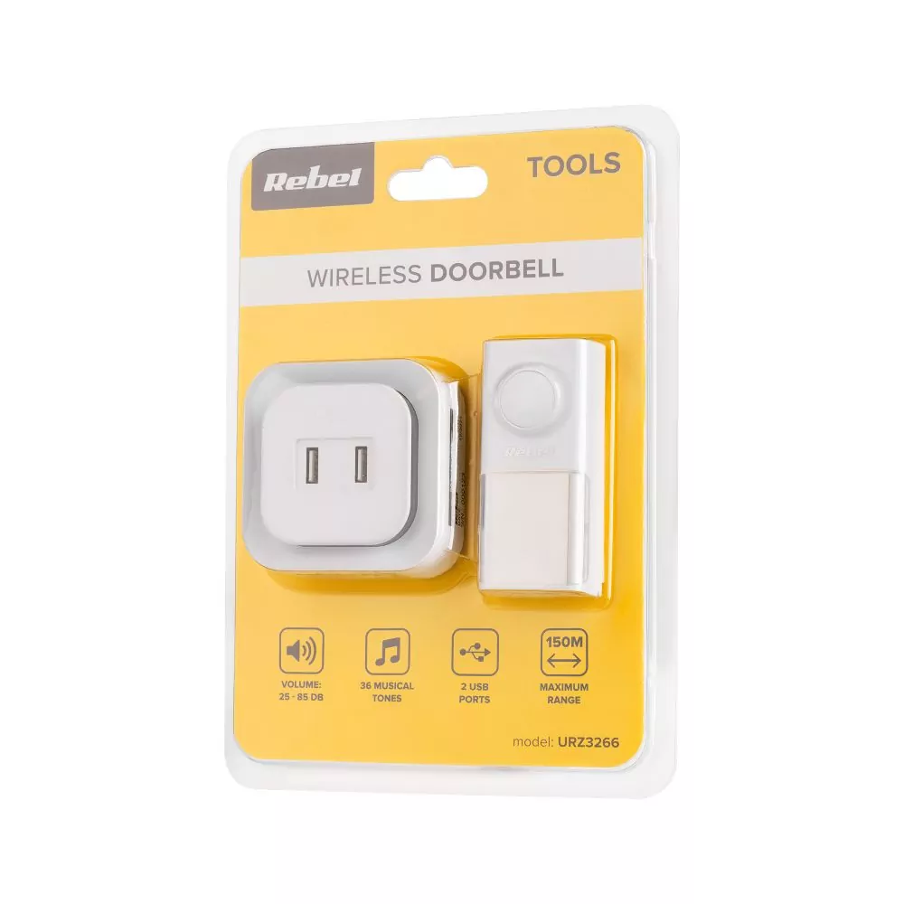 Dzwonek bezprzewodowy Rebel z wtyczką 230V do drzwi 36 melodii 2xUSB