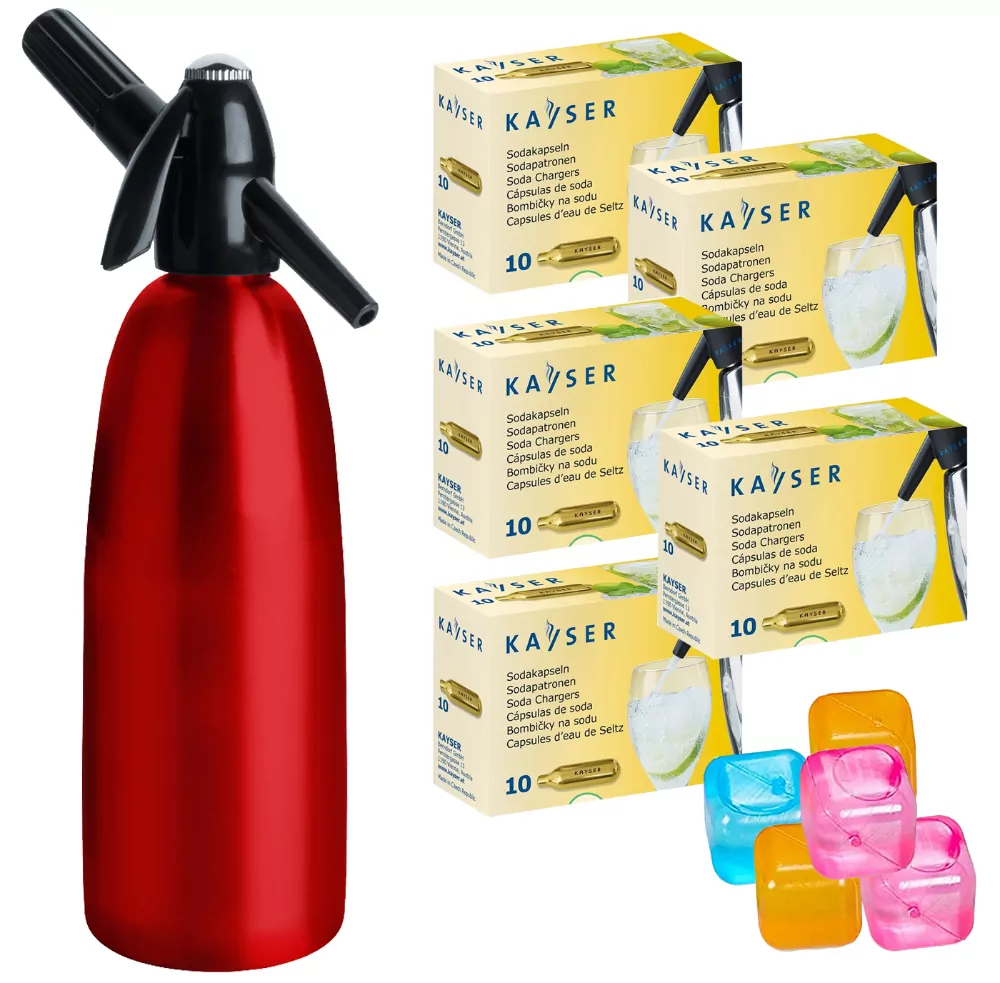 Saturator QUICK SODA czerwony syfon do wody 1L + 50 naboi + 5 kostek lodu