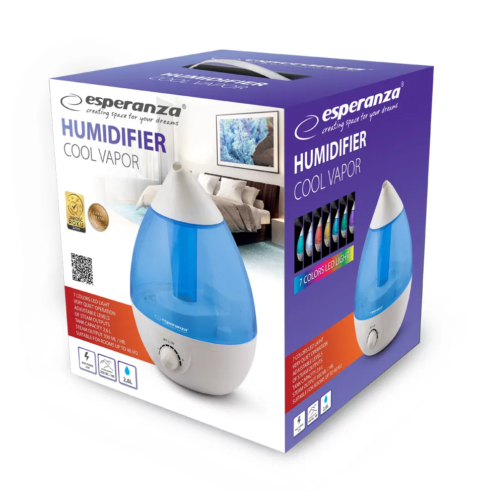 Nawilżacz powietrza ultradźwiękowy COOL VAPOR Esperanza podświetlany LED 2,5L 