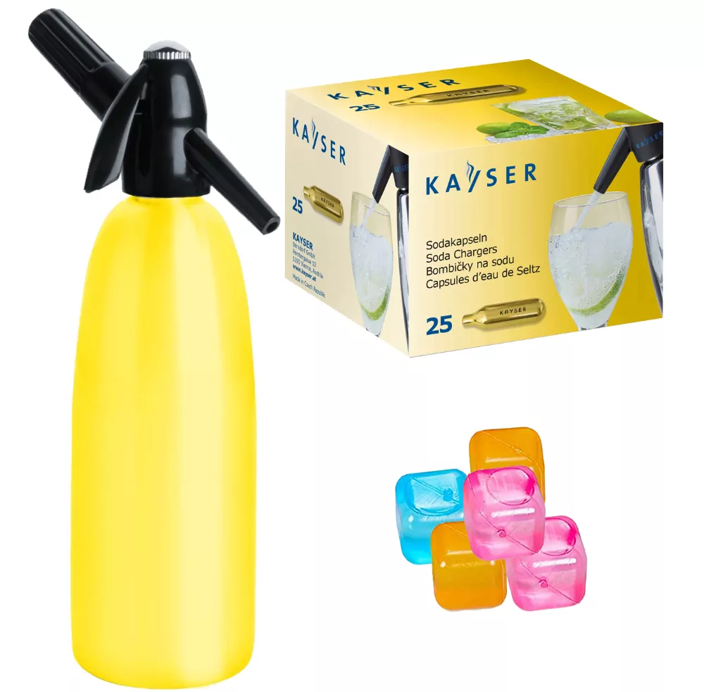 Syfon saturator do wody żółty QUICK SODA 1L + 25 naboi + 5 kostek lodu
