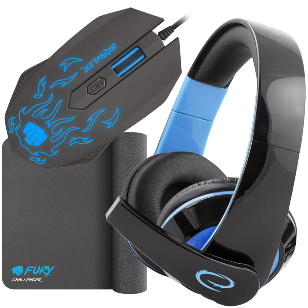 Podświetlana mysz gamingowa FURY BRAWLER + mata + słuchawki z mikrofonem