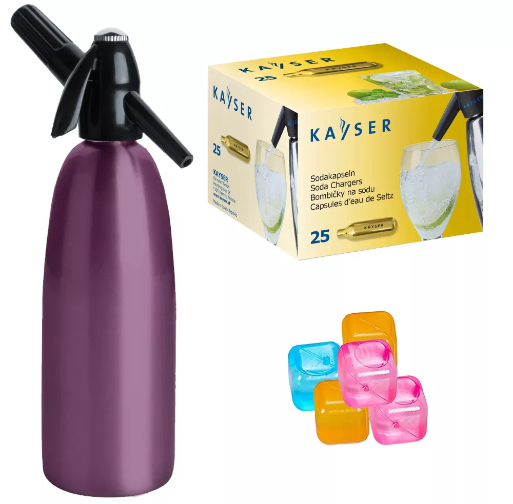 Saturator syfon do wody fioletowy QUICK SODA 1L + 25 naboi + 5 kostek lodu