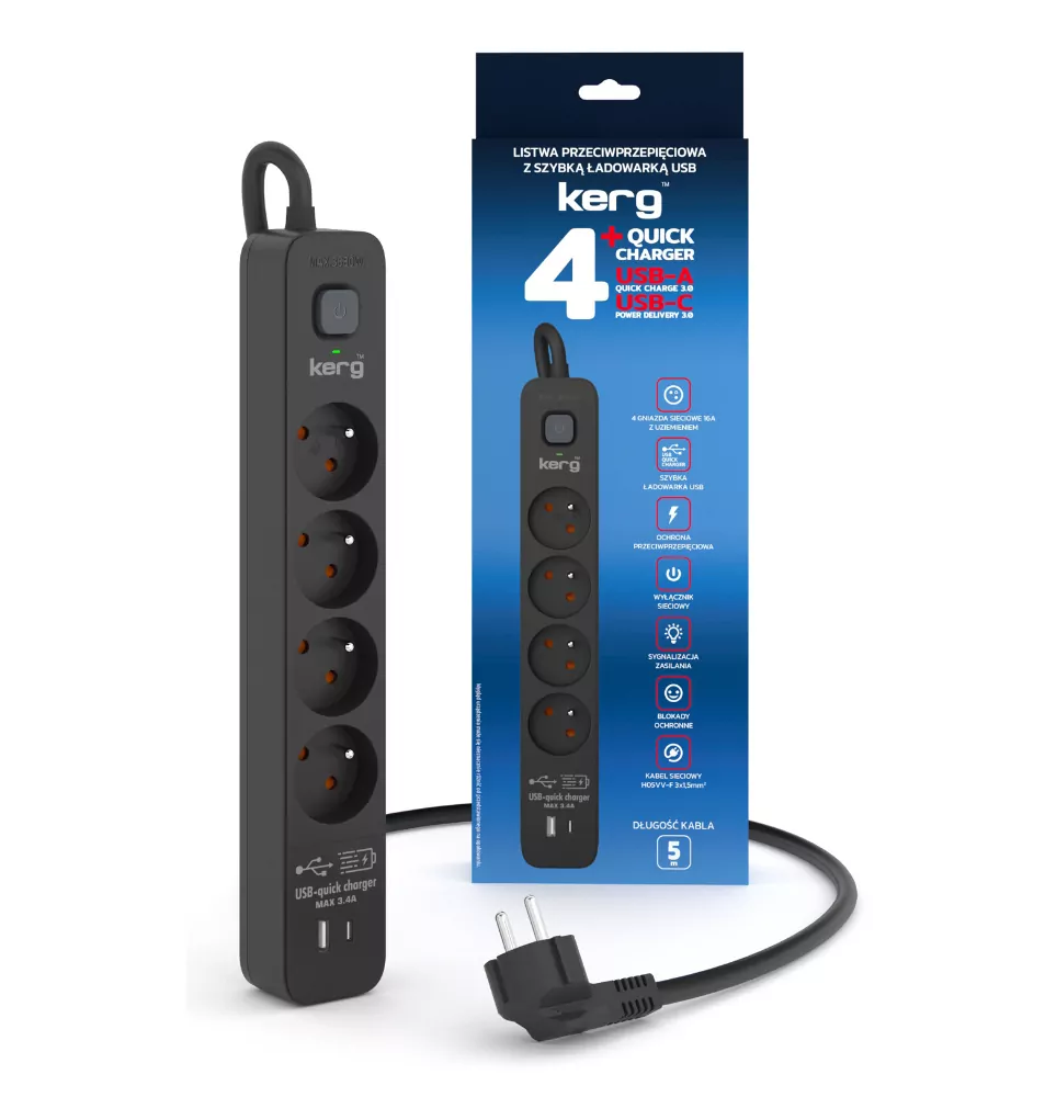 Listwa zasilająca Kerg  przeciwprzepięciowa z wyłącznikiem 4 gniazda z uziemieniem 5m 16A USB QC + USB-C QC 