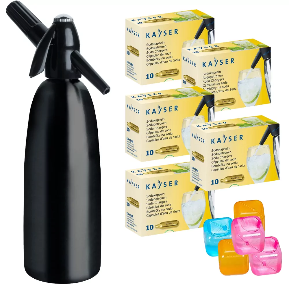 Saturator QUICK SODA czarny 1L syfon do wody + 50 naboi + 5 kostek lodu