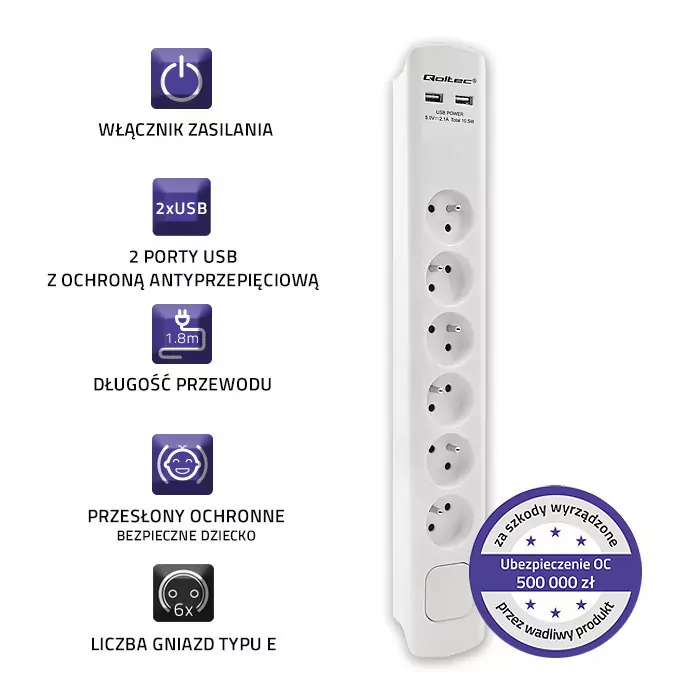 Listwa antyprzepięciowa Qoltec 1.8m biała 6 gniazd z uziemieniem 2xUSB 