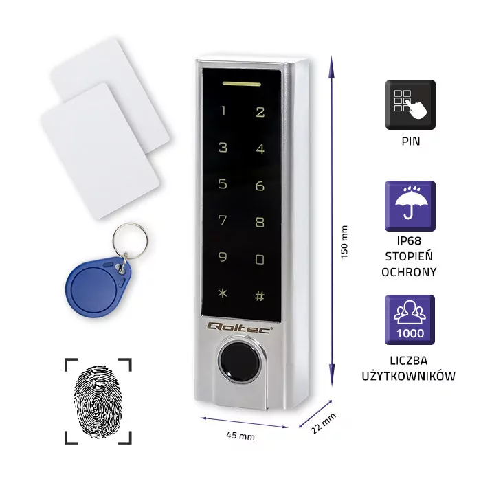 Dotykowy zamek szyfrowy z czytnikiem linii papilarnych RFID Qoltec Proteus kod karta brelok dzwonek
