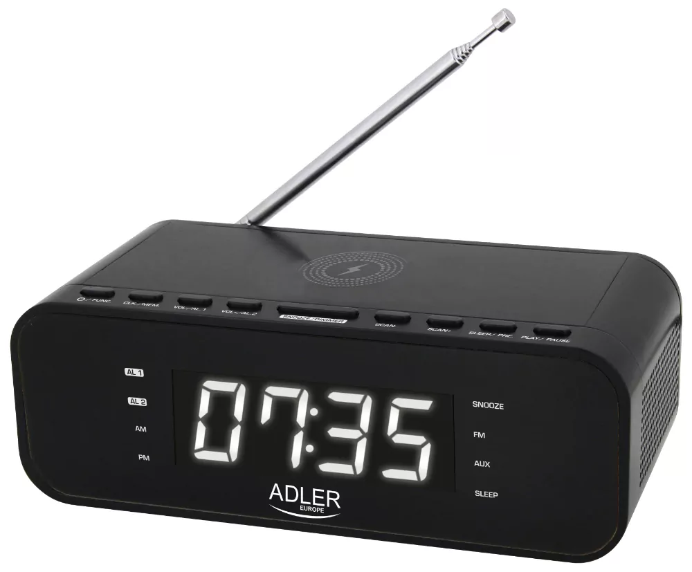 Radiobudzik Adler AD 1192B czarny Bluetooth 5.0 ładowarka bezprzewodowa 5W LED