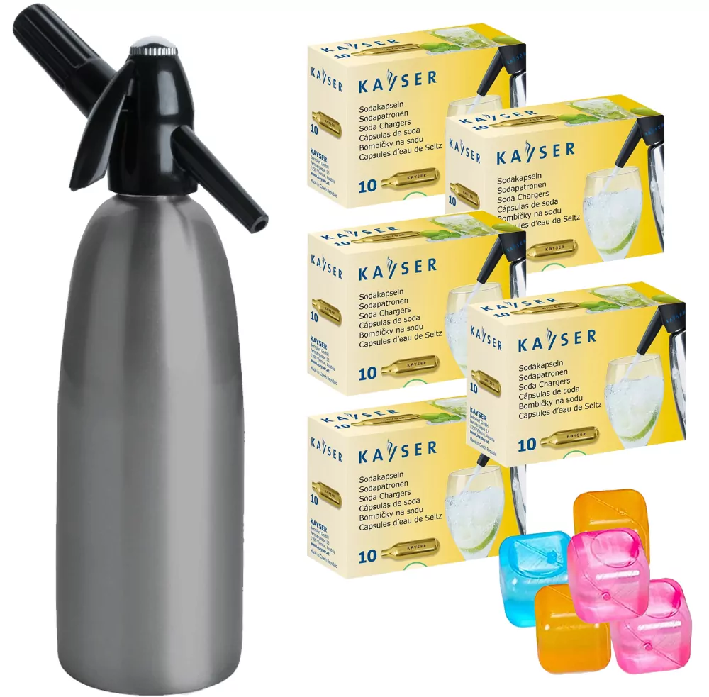 Saturator syfon do wody 1L szary QUICK SODA + 50 naboi + 5 kostek lodu