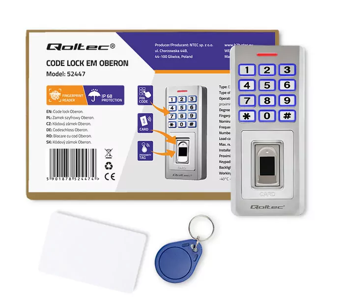 Zamek szyfrowy z czytnikiem linii papilarnych Qoltec Oberon RFID kod karta dzwonek brelok