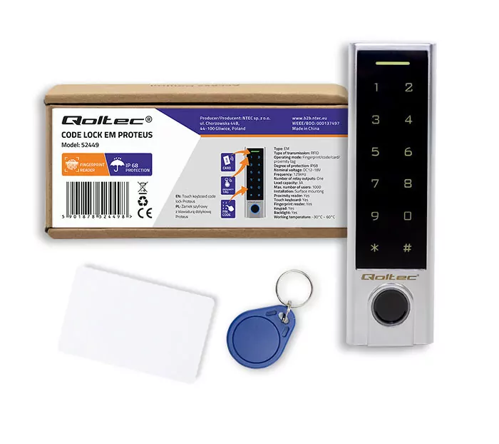 Dotykowy zamek szyfrowy z czytnikiem linii papilarnych RFID Qoltec Proteus kod karta brelok dzwonek