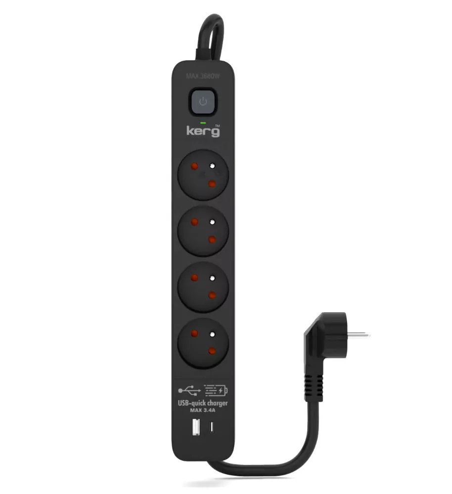 Listwa zasilająca Kerg z wyłącznikiem przeciwprzepięciowa 1,5m 16A 4 gniazda z uziemieniem USB QC + USB-C QC