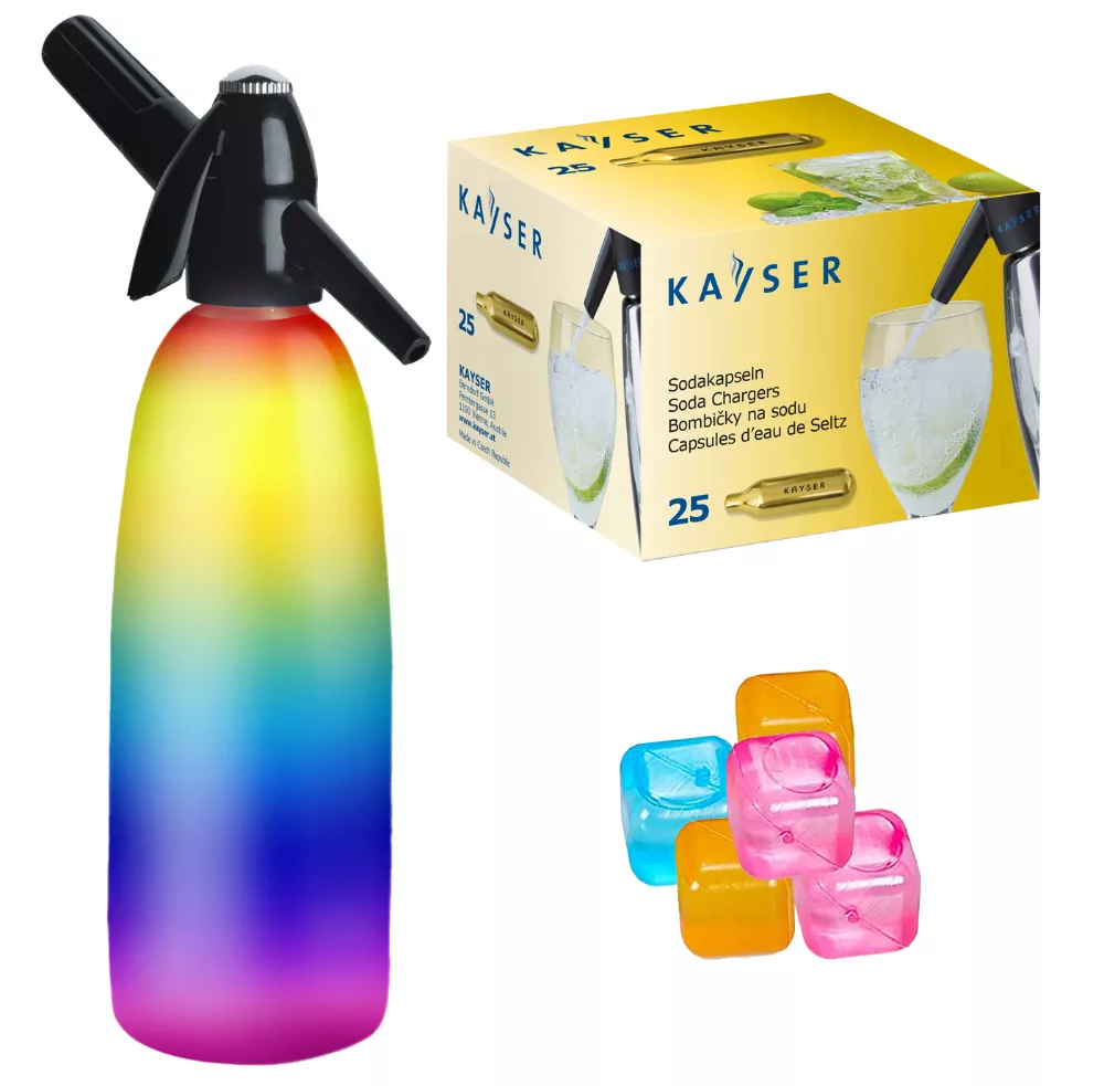 Saturator do wody QUICK SODA syfon tęczowy 1L + 25 naboi + 5 kostek lodu
