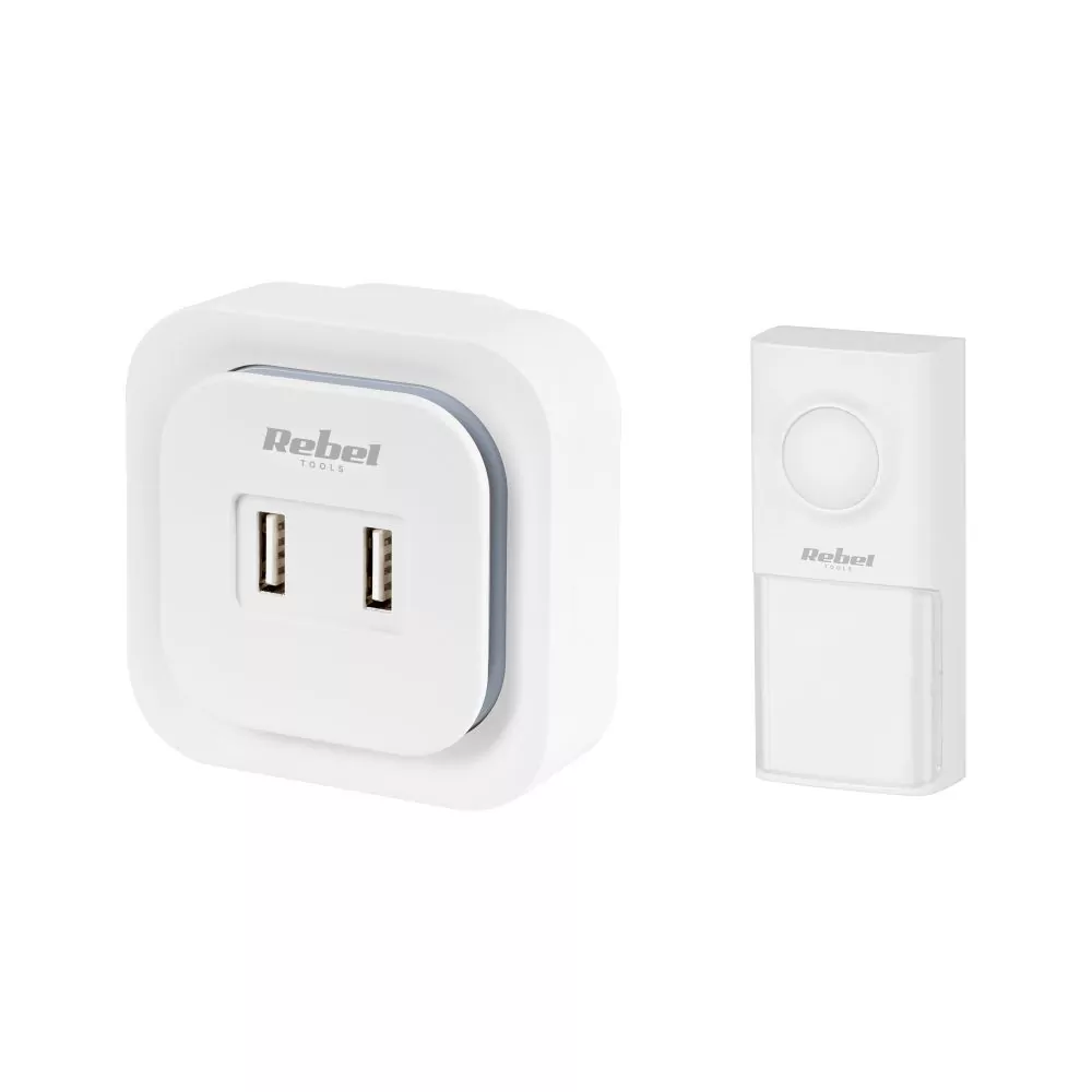 Dzwonek bezprzewodowy Rebel z wtyczką 230V do drzwi 36 melodii 2xUSB
