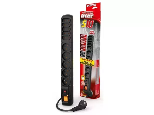 Listwa zasilająca ACAR S10 płaskie 230V czarna 1.5m 5X PL