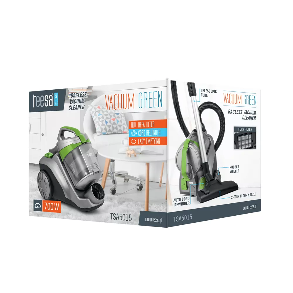 Odkurzacz bezworkowy + ssawka szczelinowa TEESA VACUUM GREEN + ssawka okrągła + dwustopniowa ssawka podłogowa