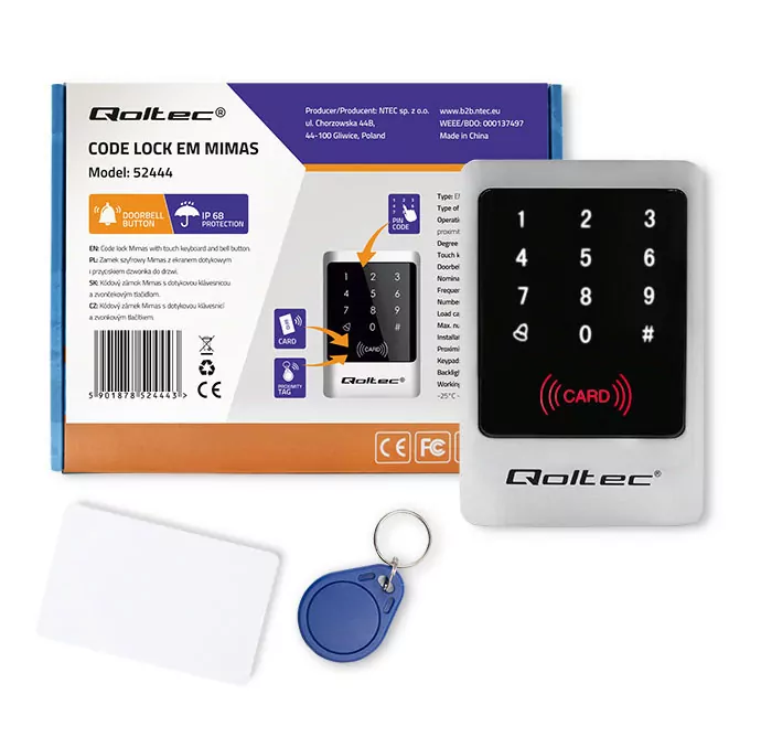 Zamek szyfrowy z czytnikiem RFID Qoltec MIMAS brelok dzwonek kod karta