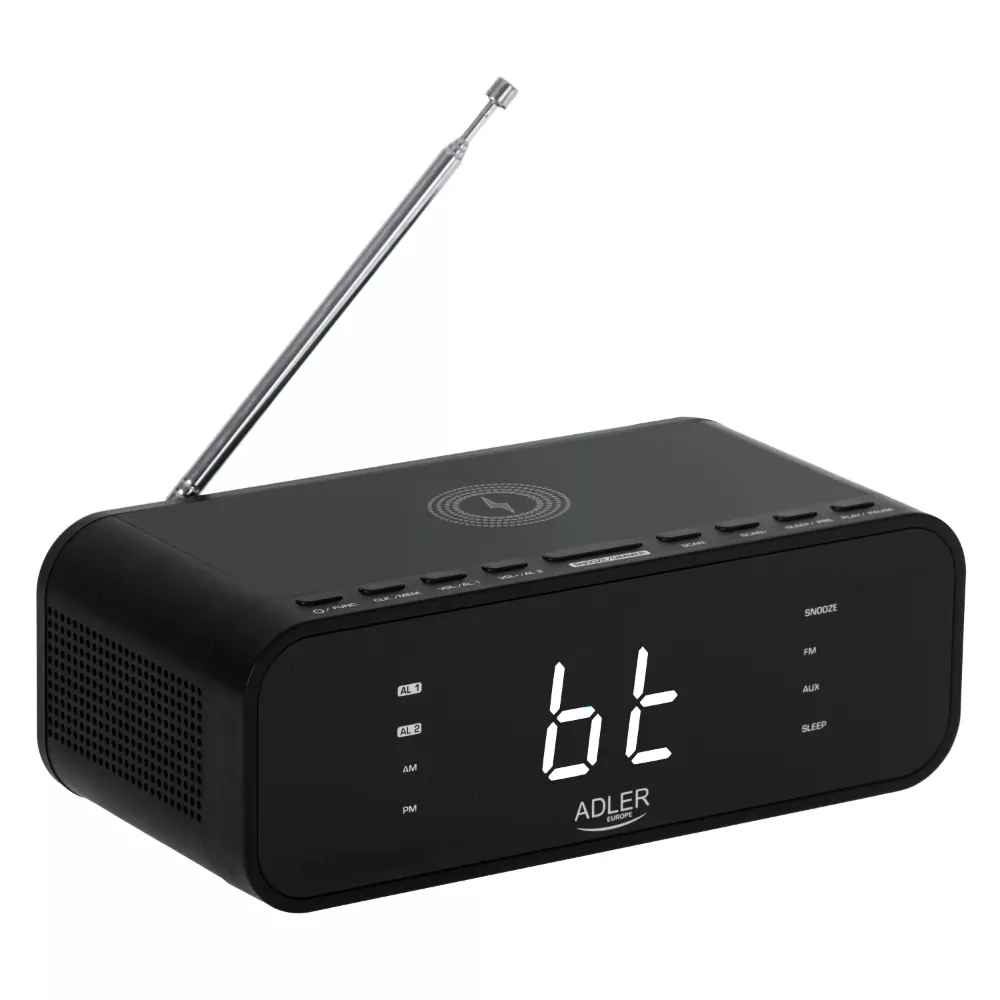 Radiobudzik Adler AD 1192B czarny Bluetooth 5.0 ładowarka bezprzewodowa 5W LED